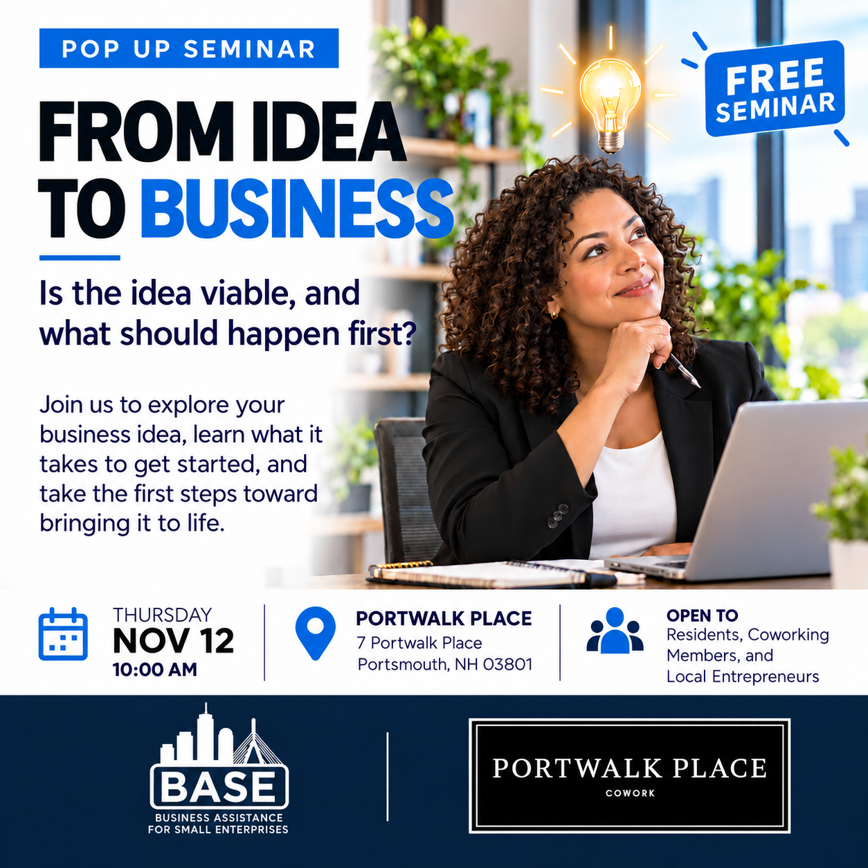 Branded flyer featuring woman with laptop