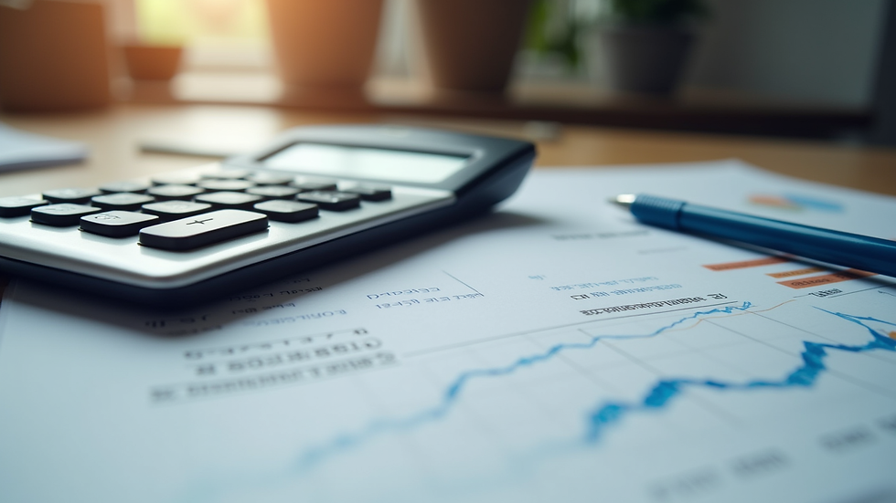 Close-up view of a calculator and financial documents on a desk
