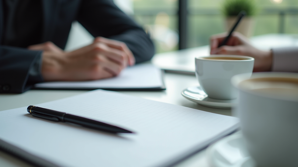 Close-up view of a desk with a notebook, pen, and a cup of coffee during a business consultation