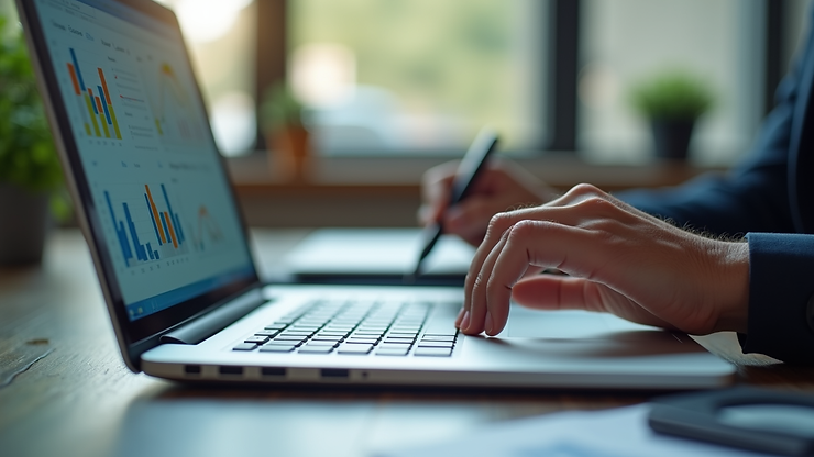 Eye-level view of a small business owner analyzing financial charts on a laptop