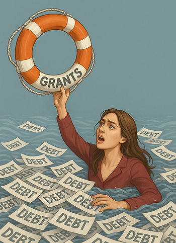 Women being saved from drowning in business debt by a business grant life preserver